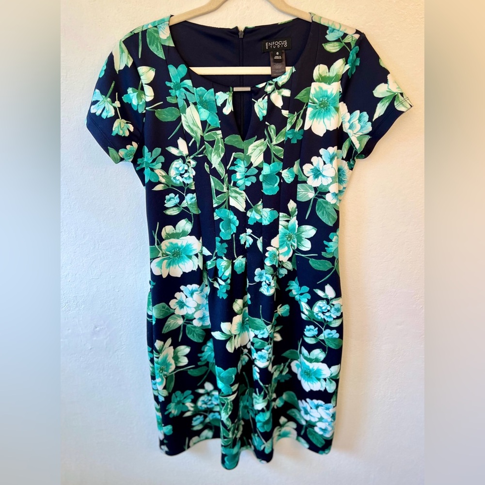 Enfocus Studio Lined Dress Women’s Size 6 Blue Green Teal Floral Pattern
